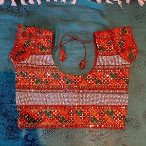 Bright Sparkly Indian Midriff Crop top w/ Mirrors Gold threads Handmade Small